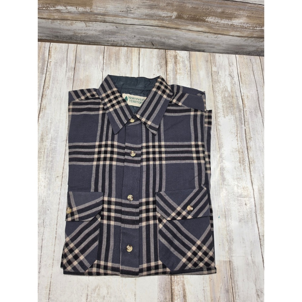 Northwest Territory Mens Plaid Button Down Shirt Navy Tan Long Sleeve Medium